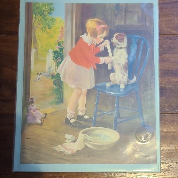 Other - Vintage Art Print of Girl and Dog
